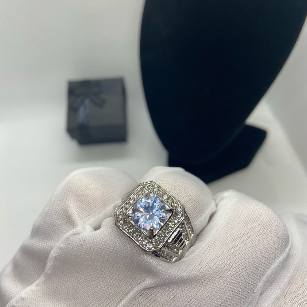 NEW Men Silver Square Diamond Wide Band Ring - Picture 8 of 11